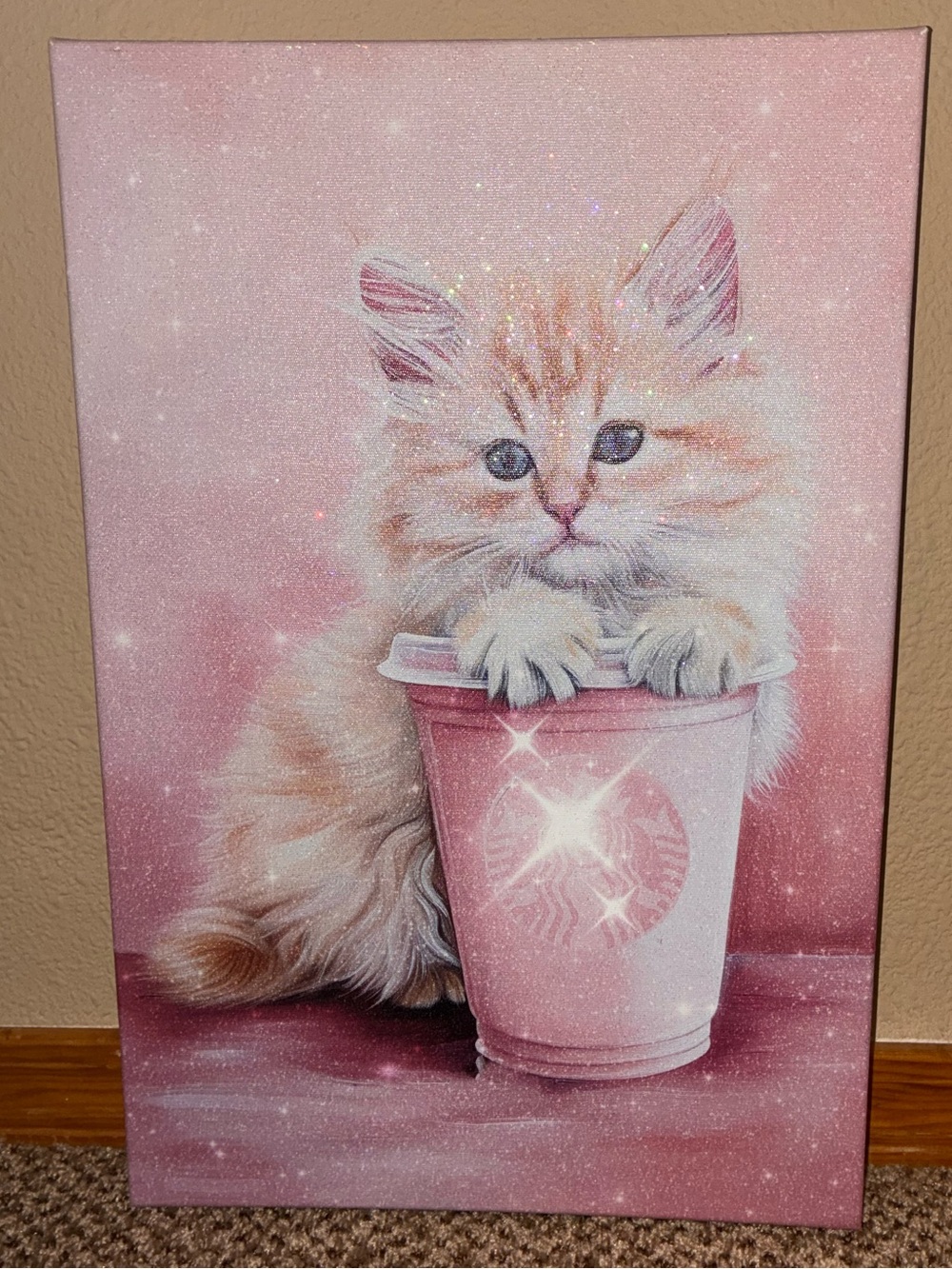 Starbucks Pink Cat Canvas Wall Art holographic glitter finish 18 x 12 in.